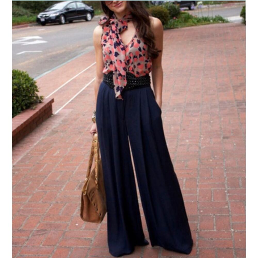 Elizabeth and James 100% Silk Palazzo Pants Navy Blue Size Medium